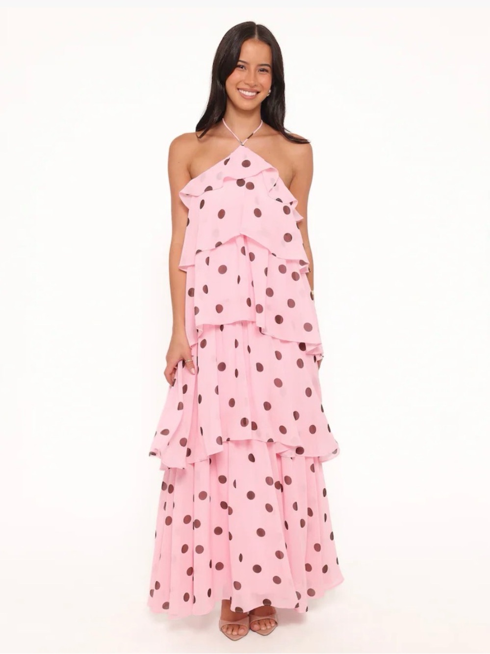 Women's Pink Polka Dot Tiered Halter Maxi Dress